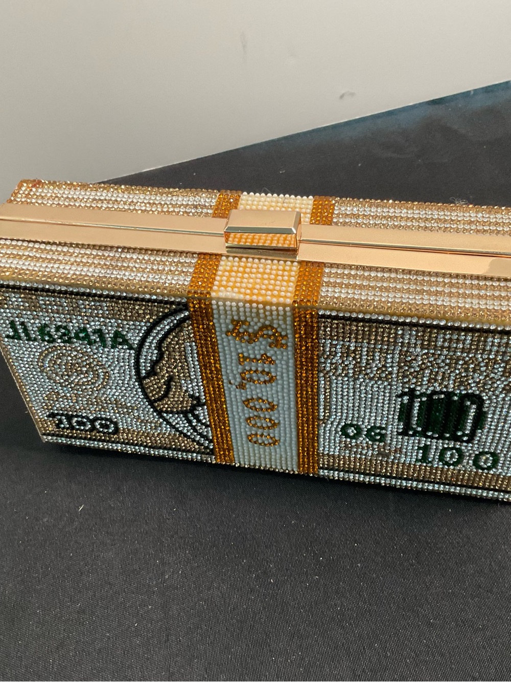 Crystal Money-Stack Evening Clutch in Gold and White